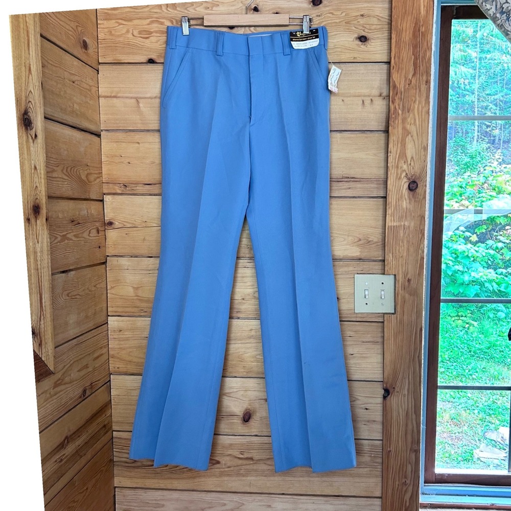 Vintage Flare Trousers Men 36 Powder Blue Disco Pants 70s Retro Baycrest